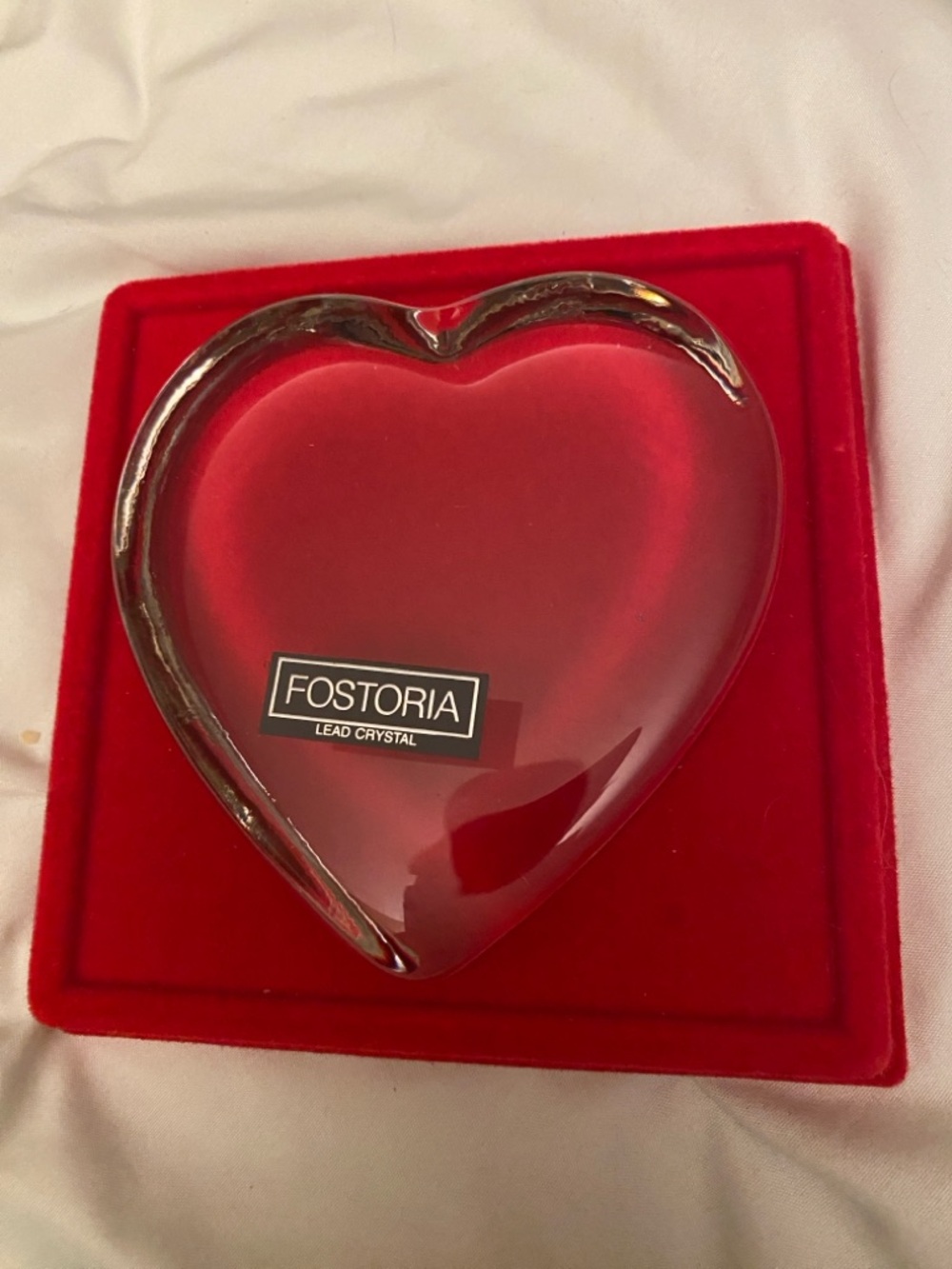 Vintage Lead Crystal Fostoria Red Heart Crystal Paperweight in Box